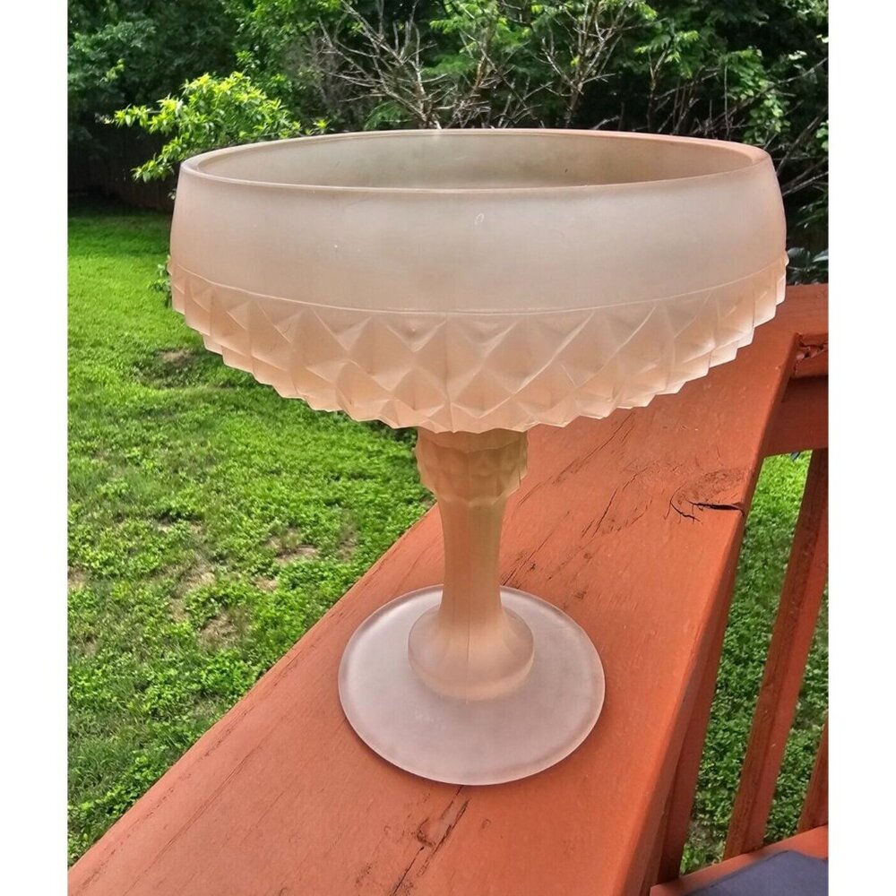 Vintage Frosted 70s Pink Depression Glass Tall Footed Pedestal Diamond Pattern